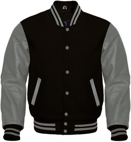 Letterman Base Ball Varsity Jacket College Retro Black Wool Body And Grey Leather Sleeves Jacket in Kuwait