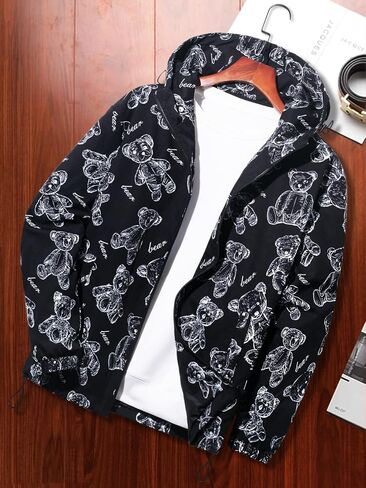 Men Casual Lightweight Printed Zipper Jacket with Drawstring Hood in Saudi Arabia