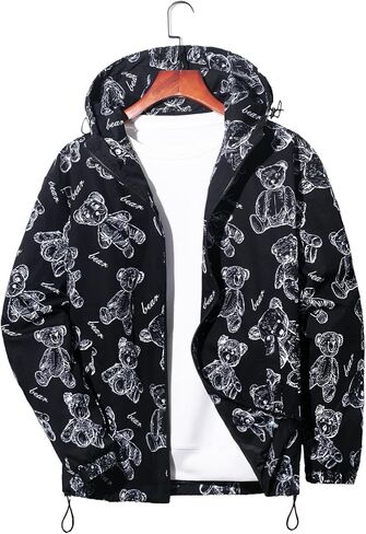 Men Casual Lightweight Printed Zipper Jacket with Drawstring Hood in Saudi Arabia