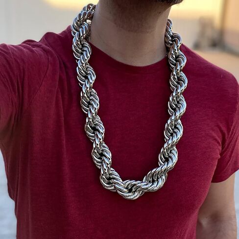 Mens Huge Chain Hollow Rope Necklace 30MM Wide x 30" Inch Silver Tone Hip Hop Rapper Dookie Necklace in Saudi Arabia