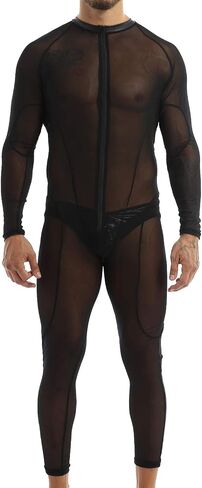 Sholeno Mens Crew Neck Long Sleeve Mesh Bodysuit Leotard Catsuit Singlet Wrestling Underwear in Saudi Arabia