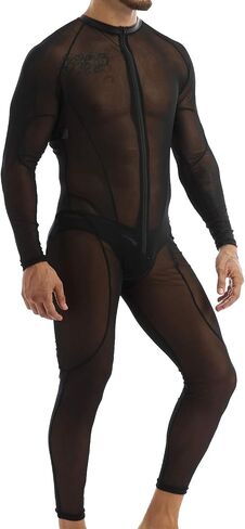 Sholeno Mens Crew Neck Long Sleeve Mesh Bodysuit Leotard Catsuit Singlet Wrestling Underwear in Saudi Arabia