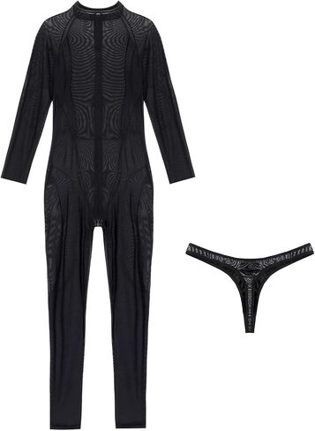 Sholeno Mens Crew Neck Long Sleeve Mesh Bodysuit Leotard Catsuit Singlet Wrestling Underwear in Saudi Arabia
