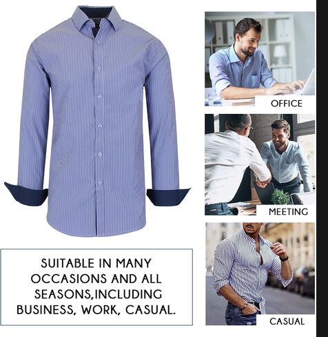 Galaxy by Harvic Men's Long Sleeve Pinstripe Dress Shirt, Cotton Polyester Slim Fit Shirt for Business Casual Outdoors(S-3XL) in Kuwait