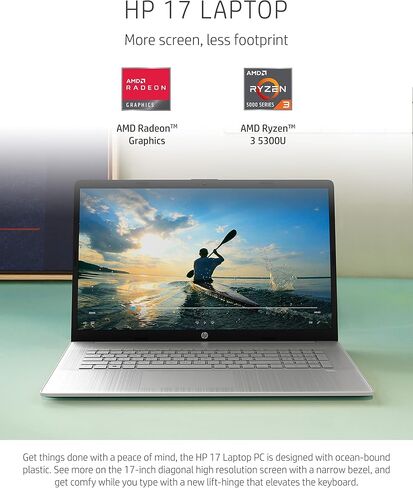 HP 17 Laptop PC, AMD Ryzen 3 5300U, 4 GB RAM, 256 GB SSD, 17.3" HD+ Display, Windows 11 Home, Wi-Fi & Bluetooth Combo, Long Battery Life, HD Webcam, Custom-Tuned Speakers (17-cn0020nr, 2022) in Saudi Arabia
