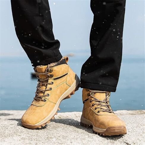 Men's Lightweight Snow Boots Men Winter Warm Lining Anti-Slip Mid Top Leather Sneakers for Hiking Working Driving Outdoor Trekking Hiker Shoes in Saudi Arabia