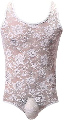 Men's Tight Stretch Lace Sexy Bodysuit Sheer Leotard Sleeveless Singlet One Piece See Through Floral Nightwear in Saudi Arabia