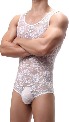 Men's Tight Stretch Lace Sexy Bodysuit Sheer Leotard Sleeveless Singlet One Piece See Through Floral Nightwear in Saudi Arabia