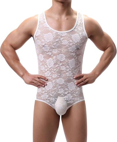 Men's Tight Stretch Lace Sexy Bodysuit Sheer Leotard Sleeveless Singlet One Piece See Through Floral Nightwear in Saudi Arabia