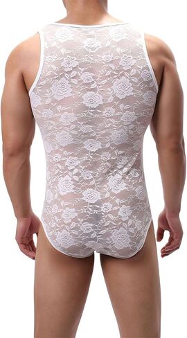 Men's Tight Stretch Lace Sexy Bodysuit Sheer Leotard Sleeveless Singlet One Piece See Through Floral Nightwear in Saudi Arabia