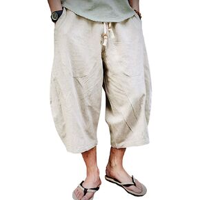 EKLENTSON Mens Capri Long Shorts Below Knee Loose Fit Elastic Drawstring Tapered Casual Linen Shorts Men