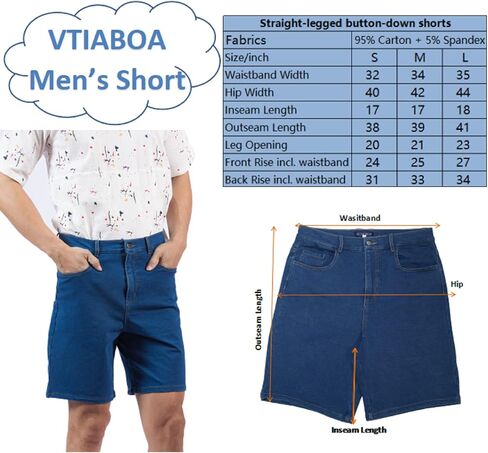 VTIABOA شورت دينم رجالي مع جيب، شورت سحب للرجال، شورت كاجوال قابل للتمدد باللون الأزرق للبالغين in Kuwait