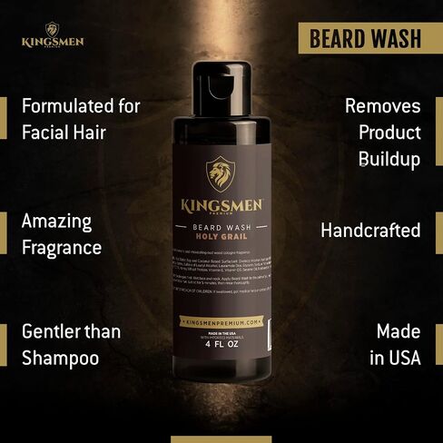 Beard Wash - Kingsmen Premium - Holy Grail, Shower-Fresh Scent Beard Shampoo - Moisturizing Ingredients, Gentle Cleanser for Beards and Mustaches - Men’s Grooming Beard Wash For Beard Growth in Saudi Arabia