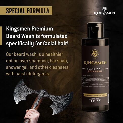 Beard Wash - Kingsmen Premium - Holy Grail, Shower-Fresh Scent Beard Shampoo - Moisturizing Ingredients, Gentle Cleanser for Beards and Mustaches - Men’s Grooming Beard Wash For Beard Growth in Saudi Arabia
