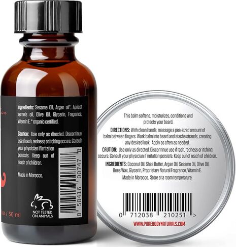 مجموعة زيت اللحية وبلسم اللحية للعناية بالشارب واللحية - قم بترويض وترطيب اللحية مع مجموعة العناية الفاخرة هذه من بيور بودي ناتشورالز، زيت (2 أونصة سائلة) وبلسم in Kuwait