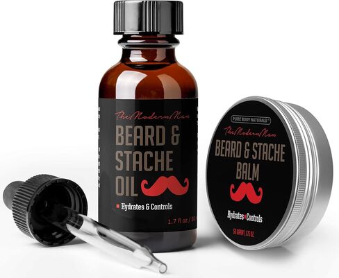 مجموعة زيت اللحية وبلسم اللحية للعناية بالشارب واللحية - قم بترويض وترطيب اللحية مع مجموعة العناية الفاخرة هذه من بيور بودي ناتشورالز، زيت (2 أونصة سائلة) وبلسم in Kuwait