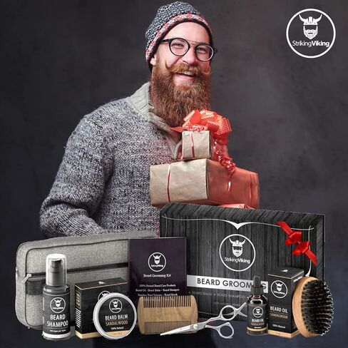 Beard Grooming Kit - Premium Beard Care Products for Men – Beard Shampoo, Beard Oil, Beard Balm Butter, Beard Brush, Wooden Comb, Mustache Scissors, & Toiletry Bag by Striking Viking in Kuwait