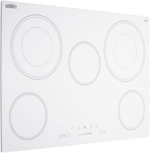 Summit Appliance CR5B30T8W 30" Wide 5-Burner Radiant Cooktop, White, Ceramic Glass Surface, Digital Touch Controls, 9 Power Levels, Programmable Timer, Residual Heat Indicator, 208-240v Operation in Saudi Arabia