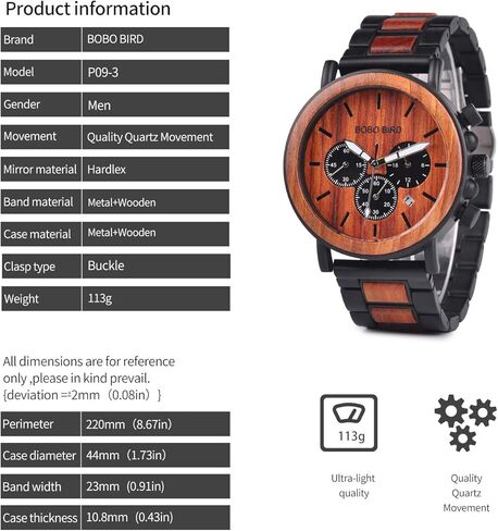 BOBO BIRD Men’s Casual Wrist Watch, Wood & Stainless Steel Watch with Luminous Pointers, Classic Analog Watches with Gift Box in Kuwait