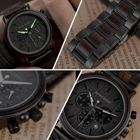 Mens Wooden Watches Business Casual Wristwatches Stylish Ebony Wood & Stainless Steel Combined Chronograph in Kuwait
