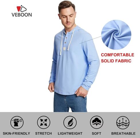 VEBOON بلوفر رجالي بغطاء للرأس رياضي بأكمام طويلة مع قلنسوة للرجال خفيف الوزن وقمصان من مزيج القطن الصلب in Kuwait