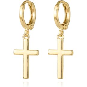 LAVLA Silver/Gold Cross Hoop Earrings - 14k Gold Plated Cubic Zirconia Pave Small Hoop Earrings Dangle Cross for Women Men