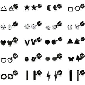 PLOMFOV 20Pairs Stainless Steel Stud Earrings Set for Women Men 18G Cartilage Stud Earrings Moon Star Triangle Circle Heart Square Butterfly CZ Stainless Steel Flat Back Earrings Piercing Jewelry