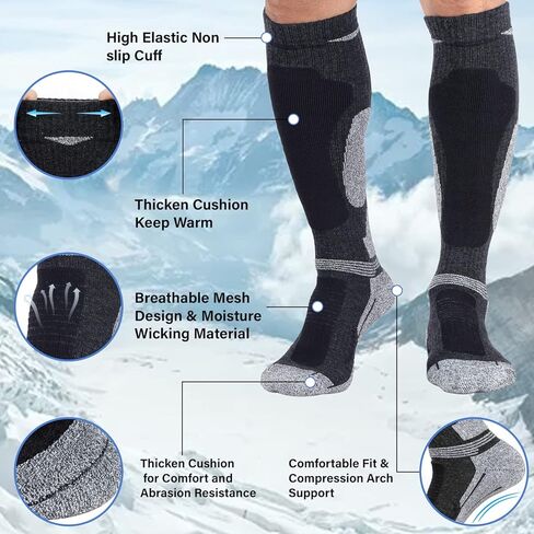 Merino Wool Ski Socks for Mens Womens Knee High Thermal Snowboarding Socks for Cold Weather in Kuwait