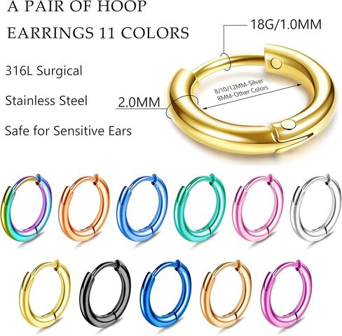 316L Stainless Steel Hoop Earrings for Women Men Tiny Cartilage Hoop Earrings Small Huggie Hinged Hoop Earrings 8/10/12MM Silver Gold Black Hoop Earrings in Saudi Arabia