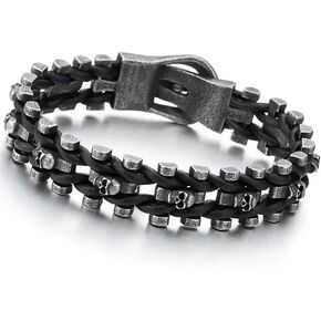 COOLSTEELANDBEYOND Mens Steel Old Metal Finishing Skulls Link Bangle Wristband Bracelet Interwoven with Black Leather in Saudi Arabia