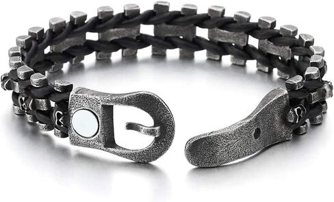 COOLSTEELANDBEYOND Mens Steel Old Metal Finishing Skulls Link Bangle Wristband Bracelet Interwoven with Black Leather in Saudi Arabia