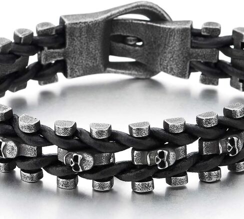 COOLSTEELANDBEYOND Mens Steel Old Metal Finishing Skulls Link Bangle Wristband Bracelet Interwoven with Black Leather in Saudi Arabia