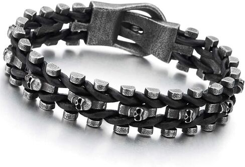 COOLSTEELANDBEYOND Mens Steel Old Metal Finishing Skulls Link Bangle Wristband Bracelet Interwoven with Black Leather in Saudi Arabia