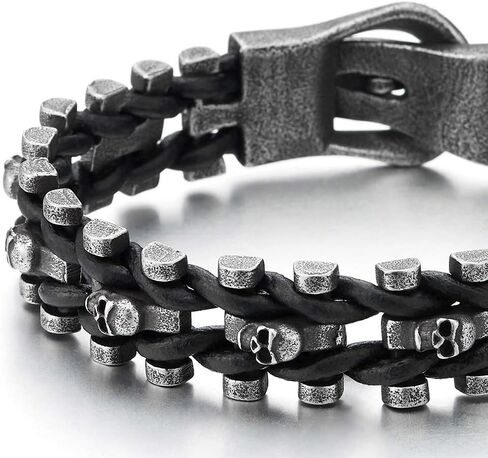 COOLSTEELANDBEYOND Mens Steel Old Metal Finishing Skulls Link Bangle Wristband Bracelet Interwoven with Black Leather in Saudi Arabia