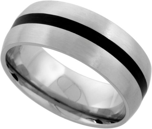Sabrina Silver Stainless Steel Domed 8mm Wedding Band Ring Black Stripe Inlay Center Matte Finish Comfort-fit Sizes 7-14 in Kuwait