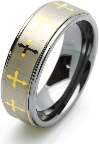 Double Accent 8MM Comfort Fit Tungsten Carbide Wedding Band Laser Engraved Gold Tone Cross Tungsten Ring (5 to 15) in Kuwait