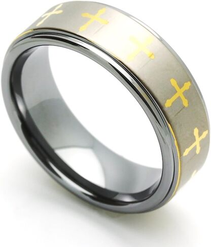 Double Accent 8MM Comfort Fit Tungsten Carbide Wedding Band Laser Engraved Gold Tone Cross Tungsten Ring (5 to 15) in Kuwait