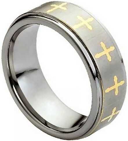 Double Accent 8MM Comfort Fit Tungsten Carbide Wedding Band Laser Engraved Gold Tone Cross Tungsten Ring (5 to 15) in Kuwait