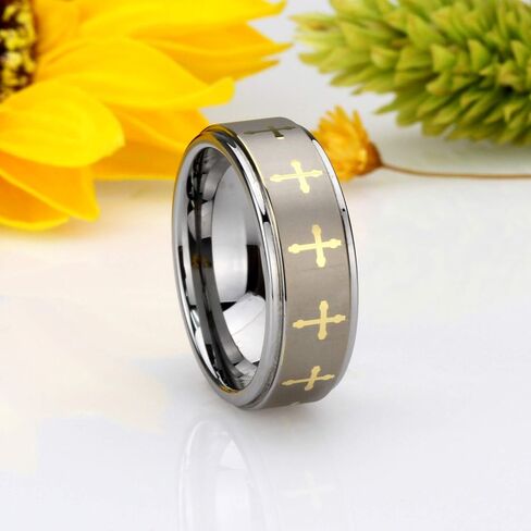 Double Accent 8MM Comfort Fit Tungsten Carbide Wedding Band Laser Engraved Gold Tone Cross Tungsten Ring (5 to 15) in Kuwait