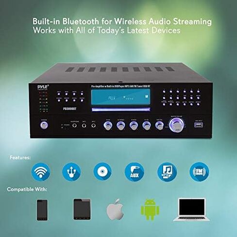 Pyle 4-Channel Home Theater Bluetooth Amplifier Receiver - 3000 Watt Stereo Speaker Home Audio Receiver w/ Radio, USB, 2 Microphone w/ Echo for Karaoke, CD DVD Player, LCD, Rack Mount - Pyle PD3000BT in Kuwait