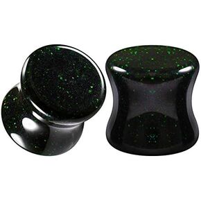 BIG GAUGES Pair of Green Glitter Stone Double Flared Piercing Jewelry Ear Stretcher Plugs Lobe Earring