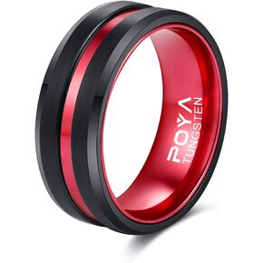 POYA Tungsten Ring Mens 8mm Black Plated Wedding Band Beveled Edges with Colored Aluminum Liner Interior