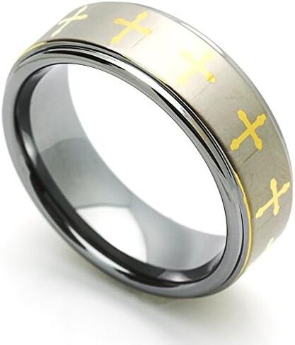 Double Accent 8MM Comfort Fit Tungsten Carbide Wedding Band Laser Engraved Gold Tone Cross Tungsten Ring (5 to 15) in Kuwait