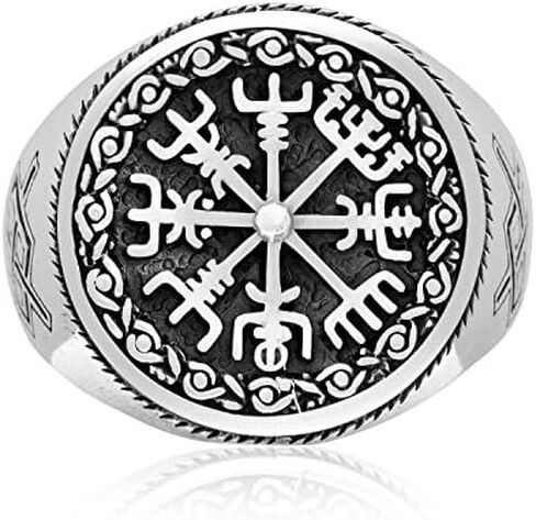 925 Sterling Silver Vegvisir Icelandic Viking Aegishjalmur Magical Staves Compass Norse Ring in Saudi Arabia