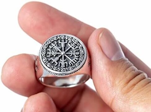 925 Sterling Silver Vegvisir Icelandic Viking Aegishjalmur Magical Staves Compass Norse Ring in Saudi Arabia