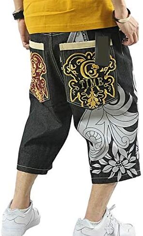 QBO Men's Rhino Hip-hop Embroidery Loose Denim Short Baggy Jeans in Saudi Arabia