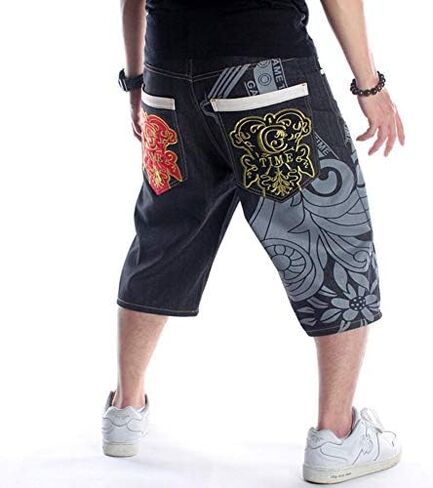 QBO Men's Rhino Hip-hop Embroidery Loose Denim Short Baggy Jeans in Saudi Arabia