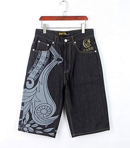 QBO Men's Rhino Hip-hop Embroidery Loose Denim Short Baggy Jeans in Saudi Arabia