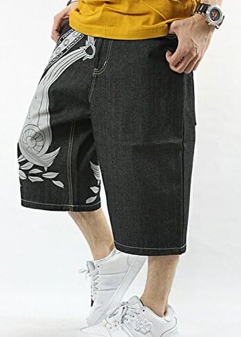 QBO Men's Rhino Hip-hop Embroidery Loose Denim Short Baggy Jeans in Saudi Arabia
