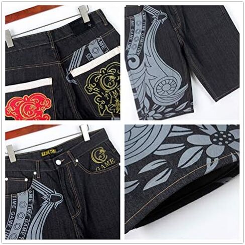 QBO Men's Rhino Hip-hop Embroidery Loose Denim Short Baggy Jeans in Saudi Arabia